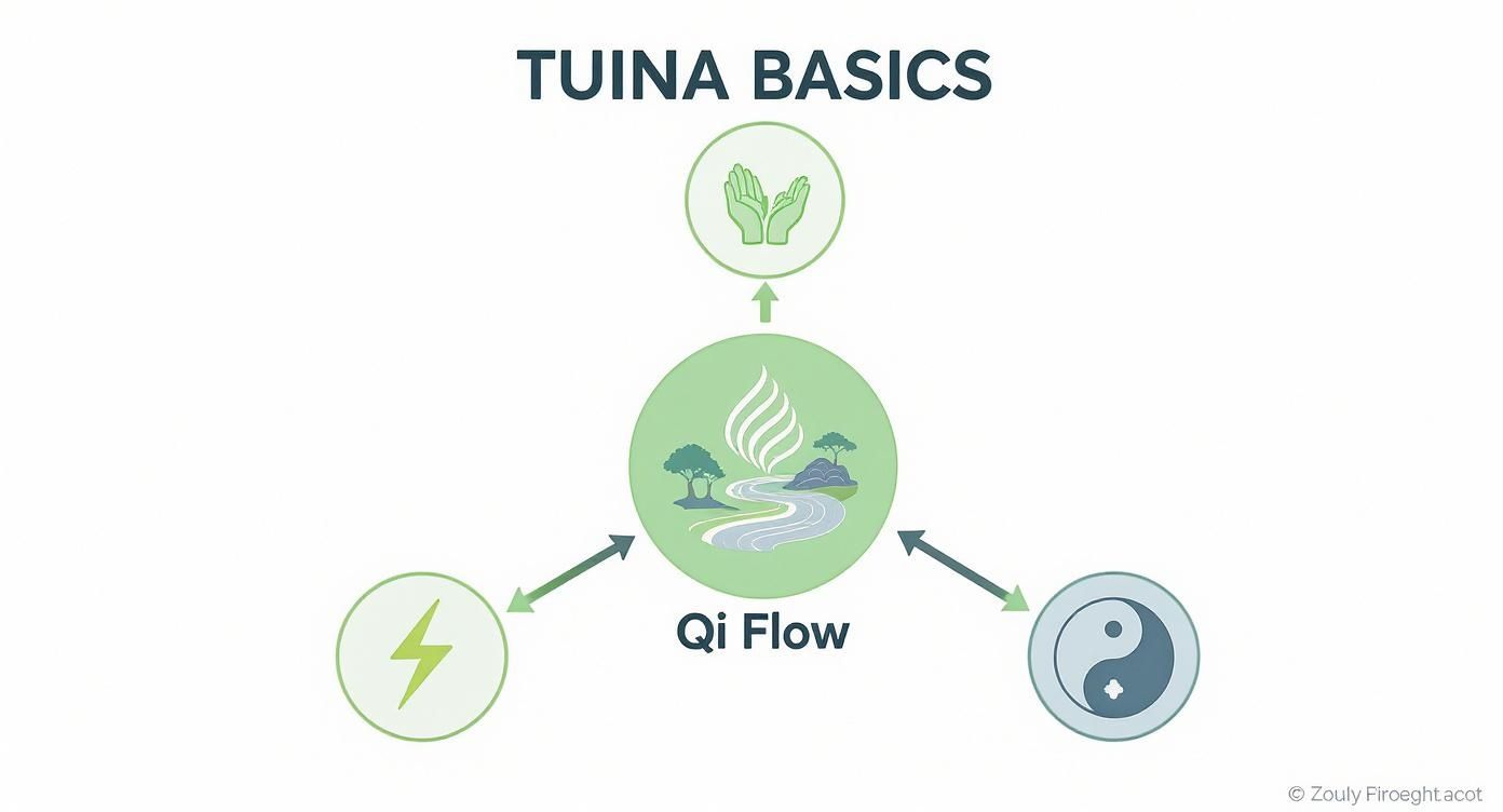 Tuina basics diagram showing Qi flow concept with three circular icons representing energy, balance, and healing hands