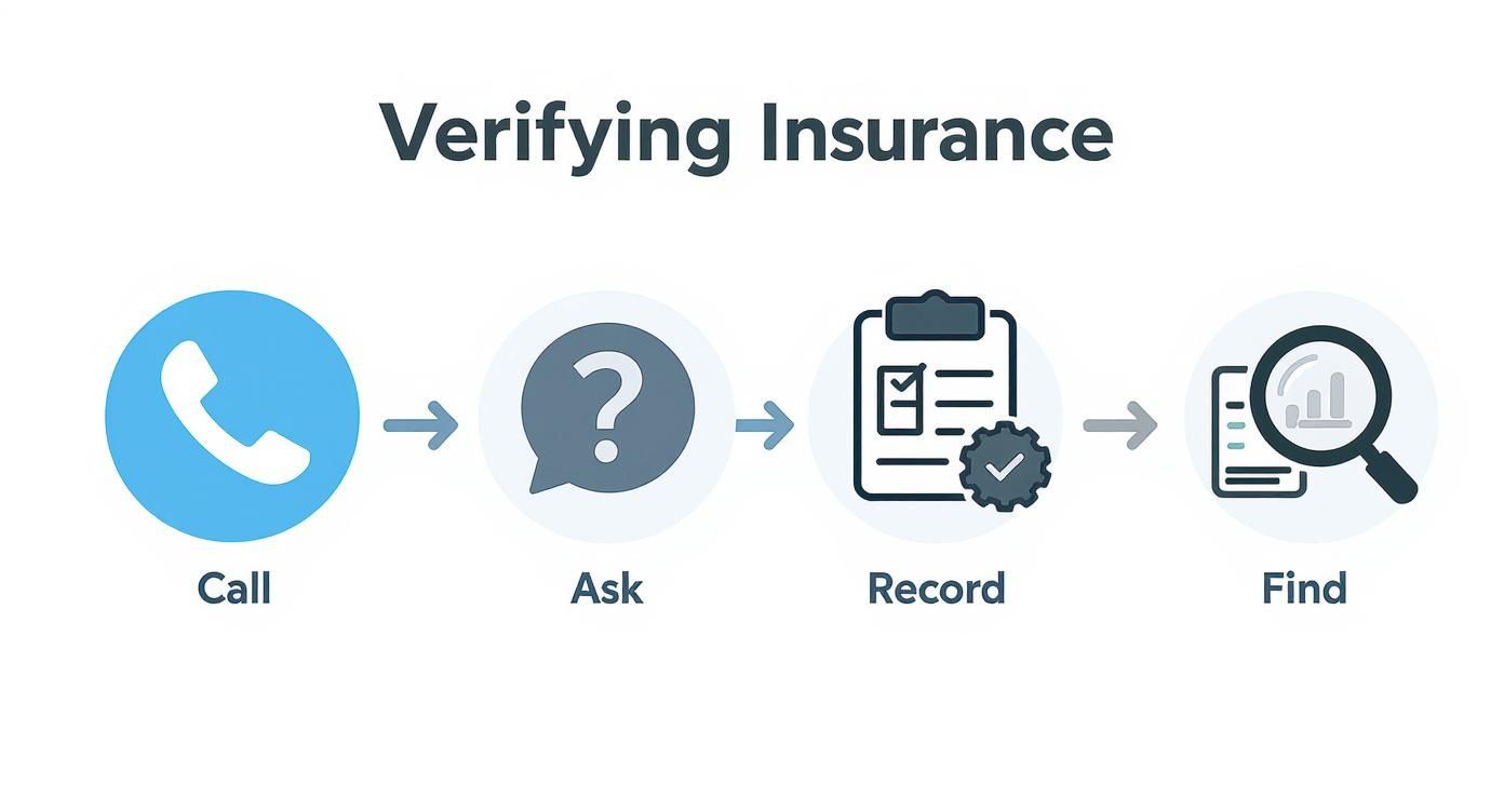 Insurance coverage for alternative medicine: Your guide An infographic showing the four-step process for verifying insurance benefits: Call, Ask, Record, and Find.