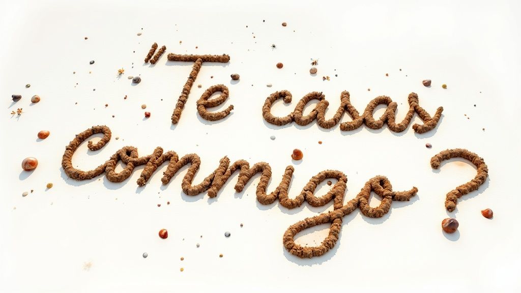 Spanish marriage proposal 'Te casas conmigo?' formed from textured brown grains on a clean white surface.