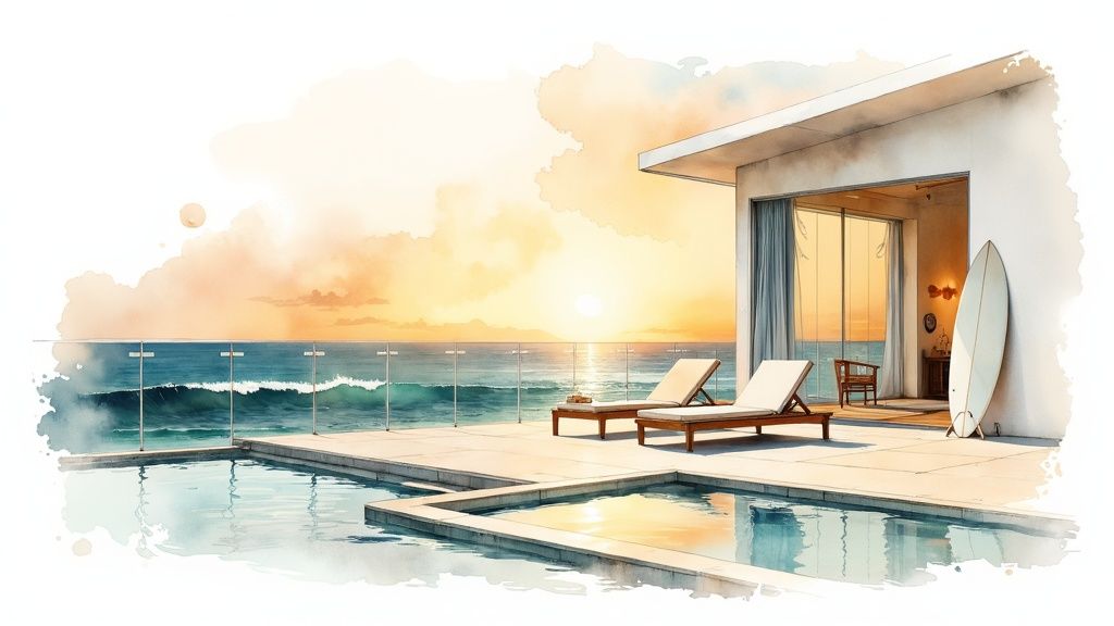 Watercolor painting of a luxury oceanfront patio with a pool, lounge chairs, and a surfboard at sunset.