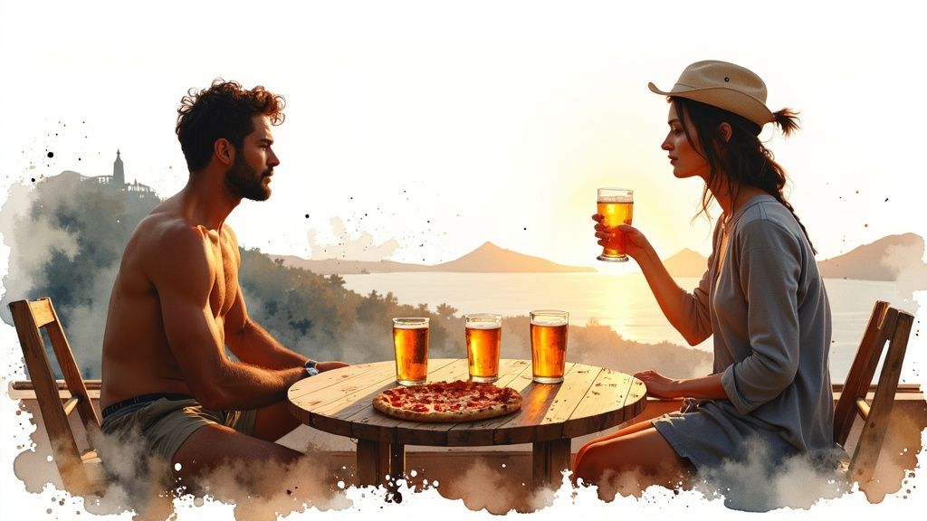 A person sitting at a rustic wooden table at Fuego Brew Co., with a craft beer and food in front of them, set against the warm, inviting ambiance of the restaurant.