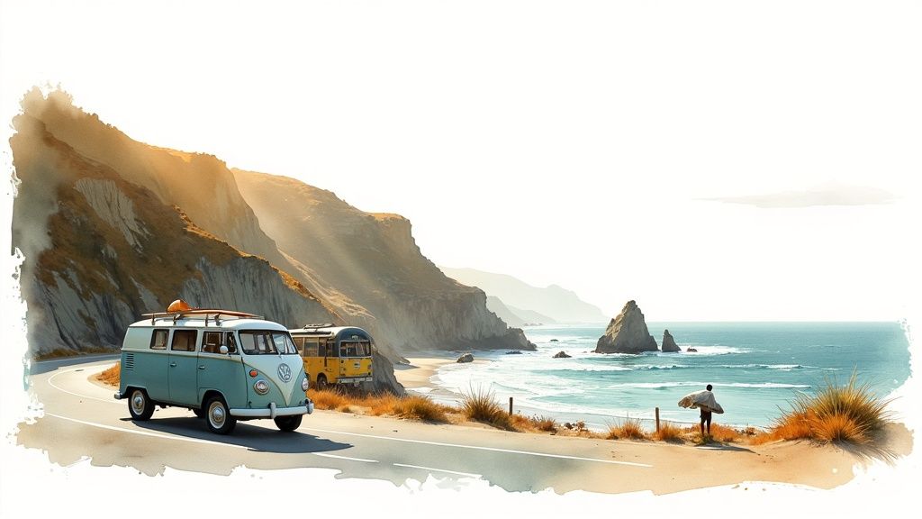 Watercolor painting of vintage vans on a winding coastal road overlooking a sunny beach and ocean.