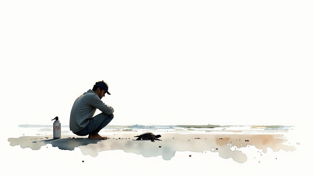 A man in a baseball cap squats on a watercolor-style beach, watching a small turtle crawl towards the sea.