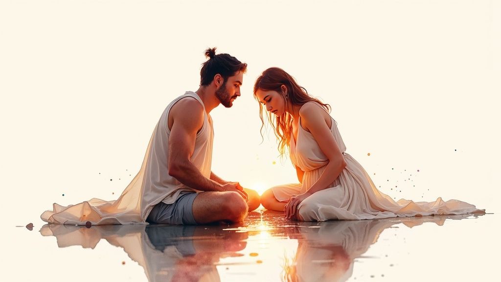 An intimate scene of a man and woman sitting face-to-face in shallow water at golden hour.