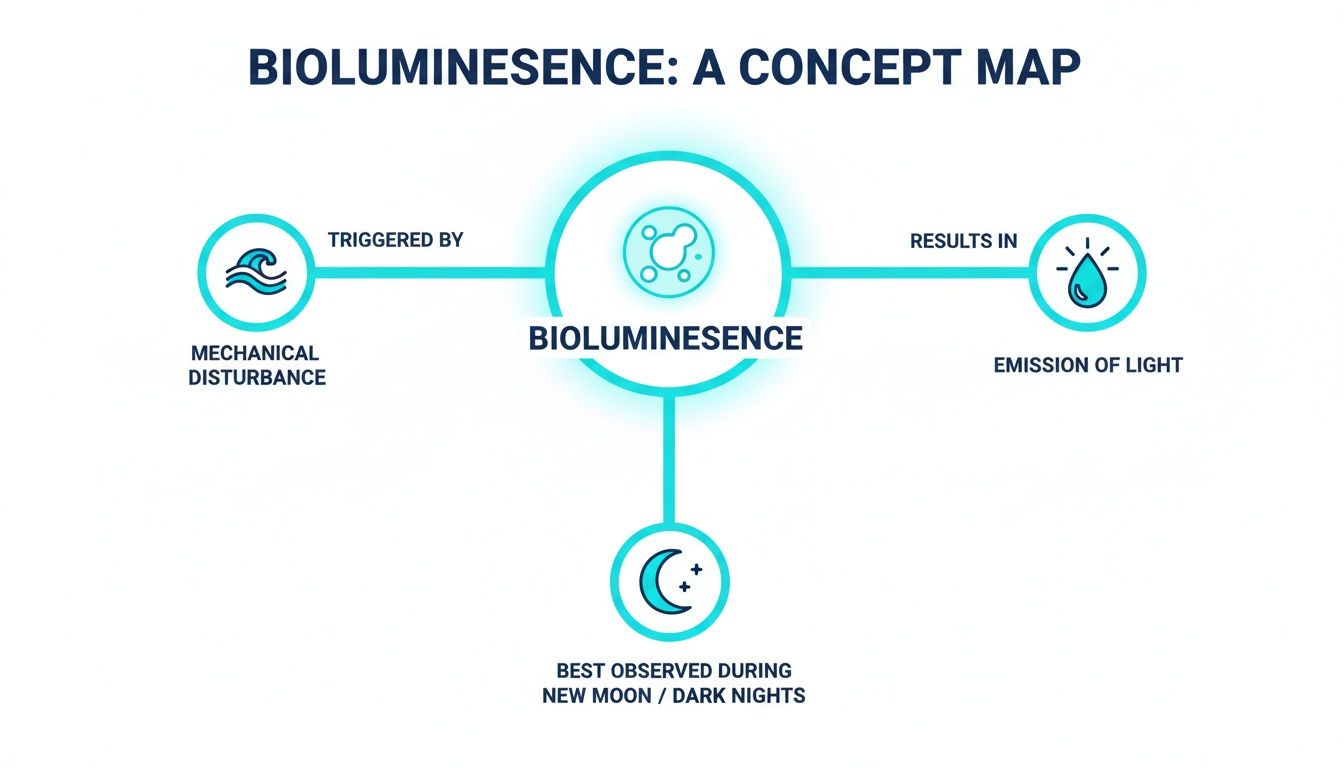 A concept map showing bioluminescence, triggered by mechanical disturbance, resulting in light emission, and best observed during dark nights.