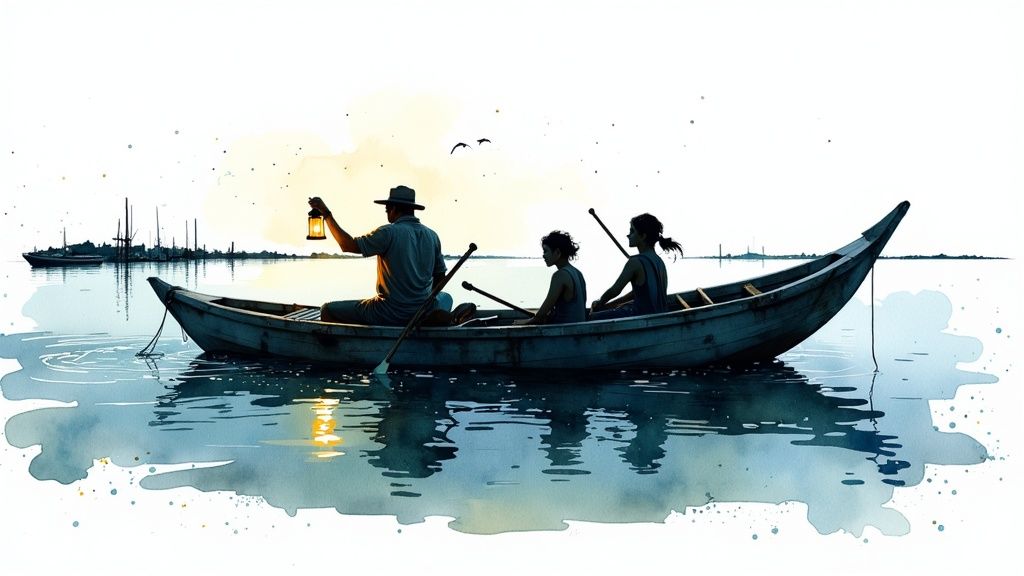 A boat on the calm waters of Laguna de Manialtepec at dusk