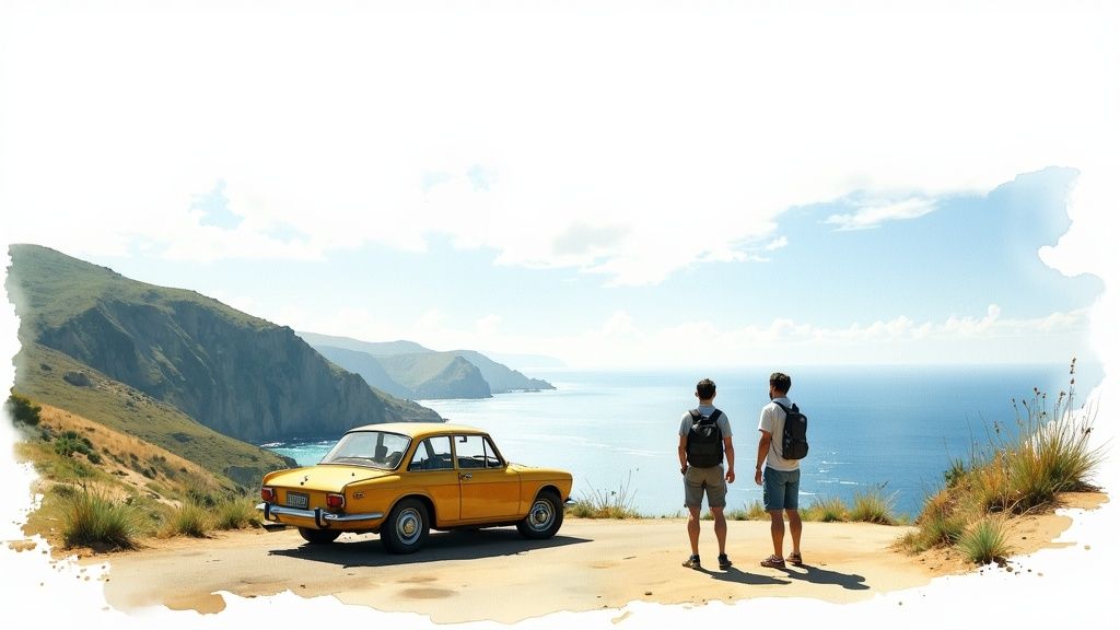 A car driving on a scenic mountain road towards Puerto Es-condido, with lush greenery and distant coastal views.