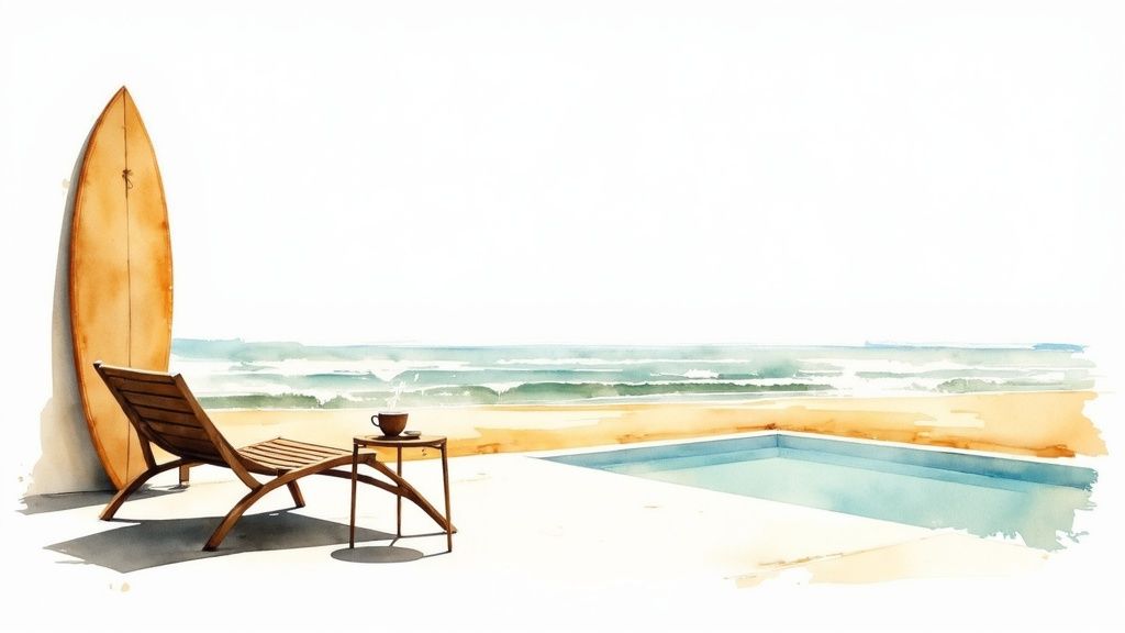 A serene, aerial view of a luxurious oceanside villa with a pool overlooking Playa Bacocho in Puerto Escondido at sunset.