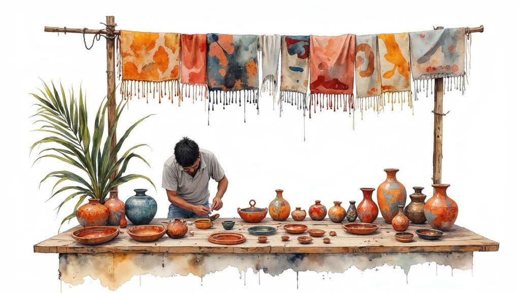 Man crafting pottery on a rustic table, surrounded by diverse vessels and colorful hanging fabrics.