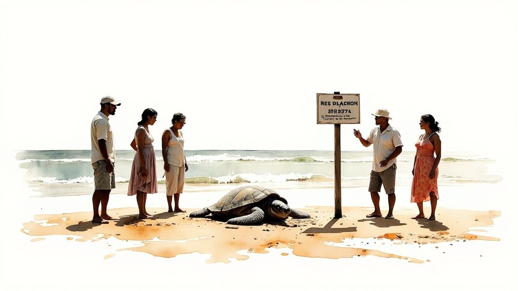 A group of people on a beach observing a large sea turtle near a sign.