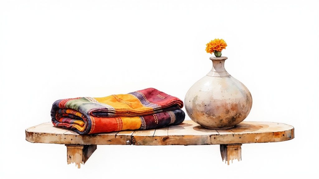 A watercolor painting of a colorful blanket and a vase with an orange flower on a wooden shelf.