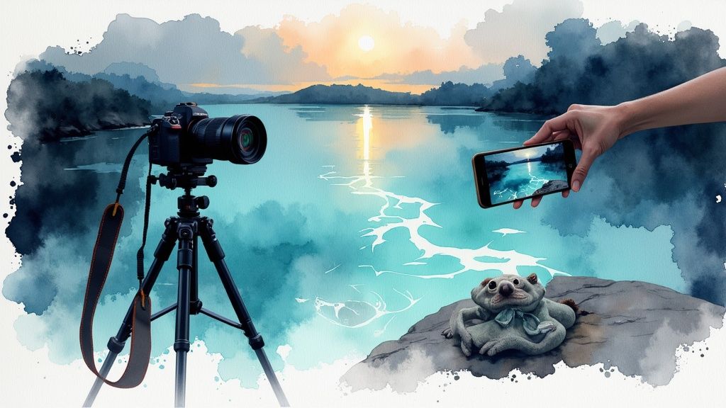 Professional camera on tripod and smartphone photographing frog sculpture by turquoise lake at sunset