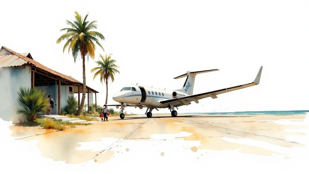 Aerial view of a plane flying over the coast of Puerto Escondido