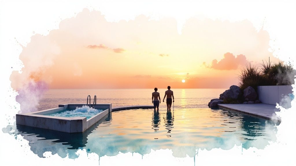 A luxurious infinity pool and jacuzzi overlooking the Pacific Ocean in Puerto Escondido.