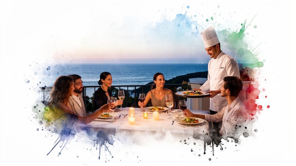 Chef serving a gourmet meal to guests dining al fresco by the ocean at sunset.