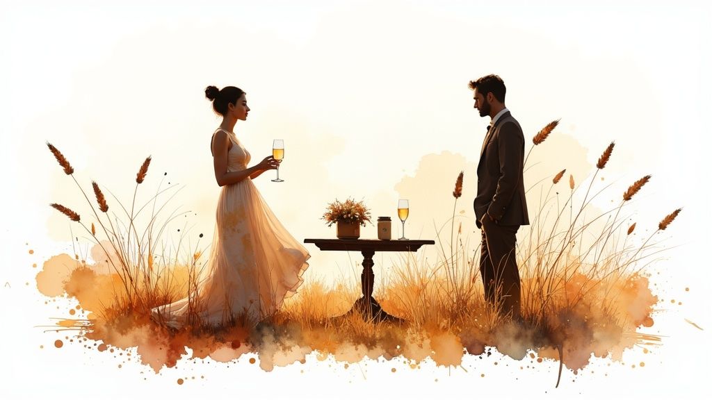 A man and woman in elegant attire share champagne in a watercolor field setting.