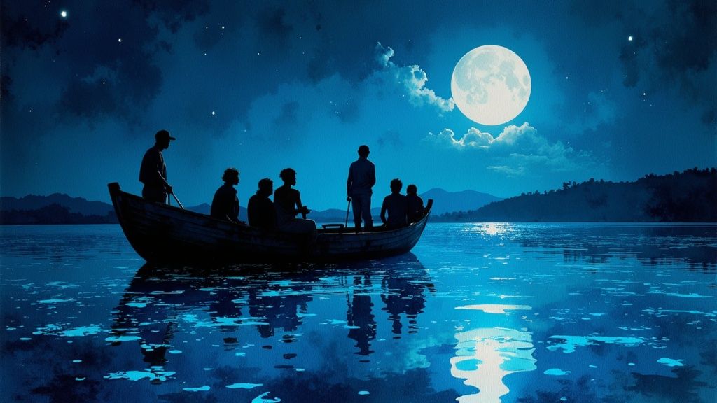 Silhouettes of people in a boat on a calm lake at night under a bright full moon.