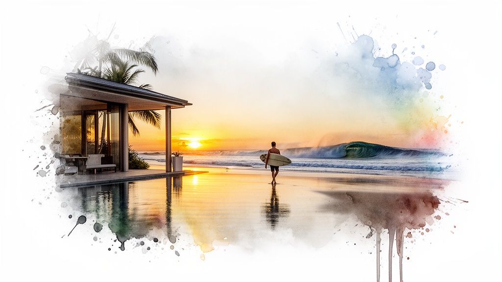A watercolor painting of a surfer walking on a tropical beach at sunset, with a modern house.