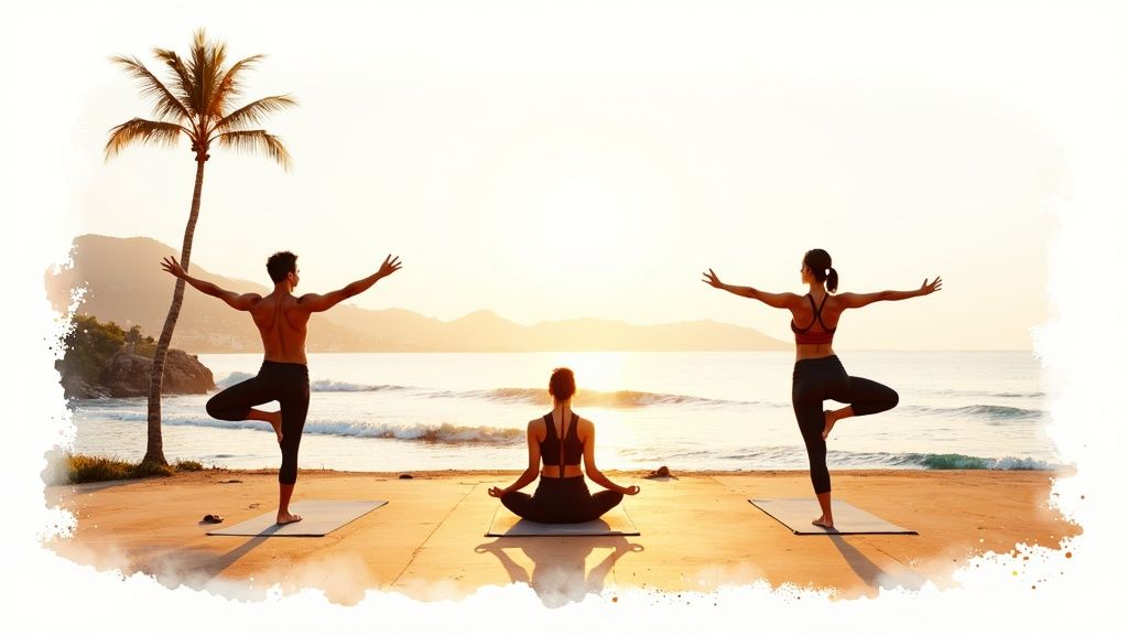 Three people performing yoga poses on a tropical beach during sunrise, with a palm tree and ocean.