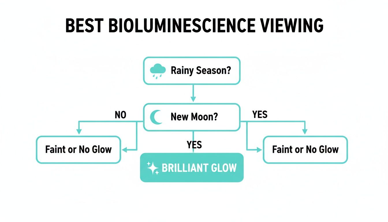 A flowchart illustrates the best conditions for bioluminescence viewing, recommending no rainy season and a new moon for a brilliant glow.