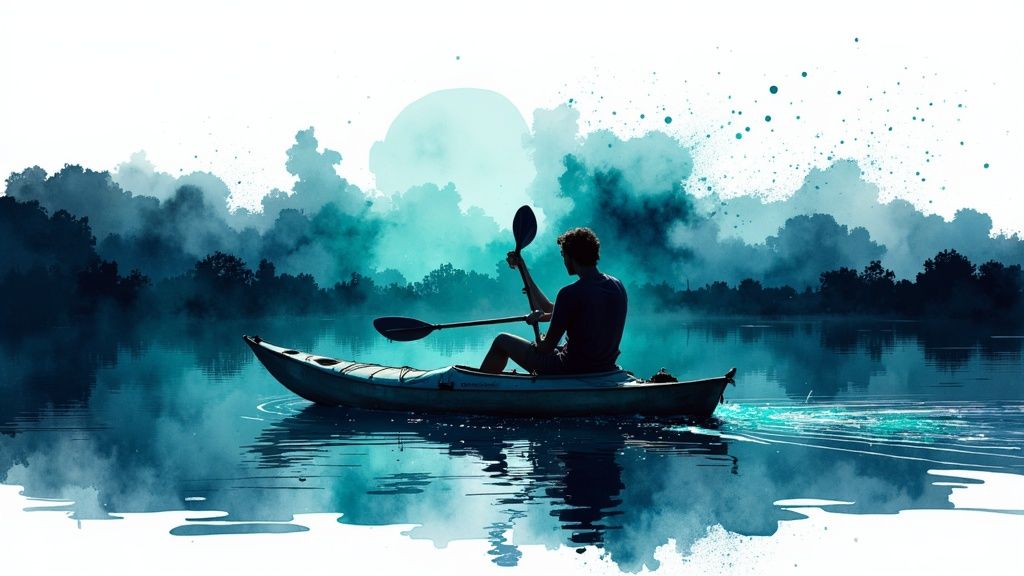 A solo kayaker on a calm, moonlit lake with misty blue forests in the background.