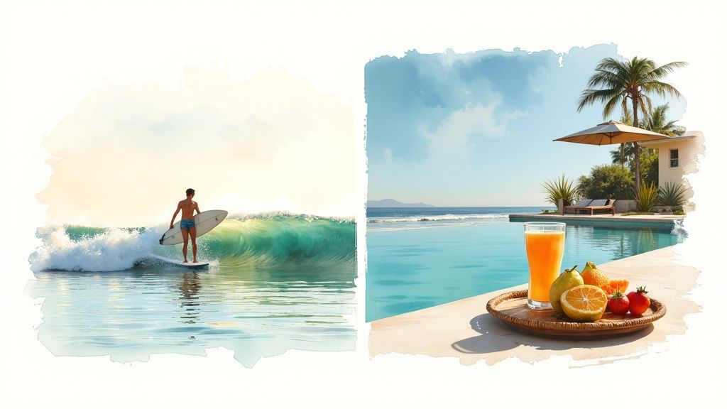 Surfer riding wave and tropical poolside breakfast at luxury beach resort in Puerto Escondido