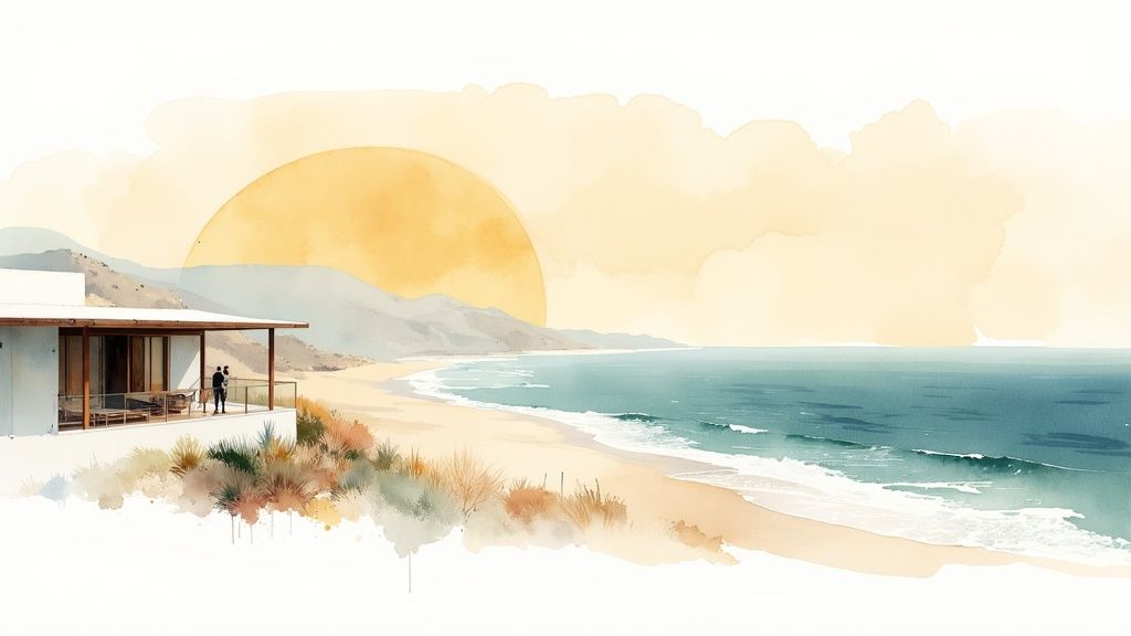 Watercolor painting of a beach house with a couple on the balcony overlooking a sunset and ocean.