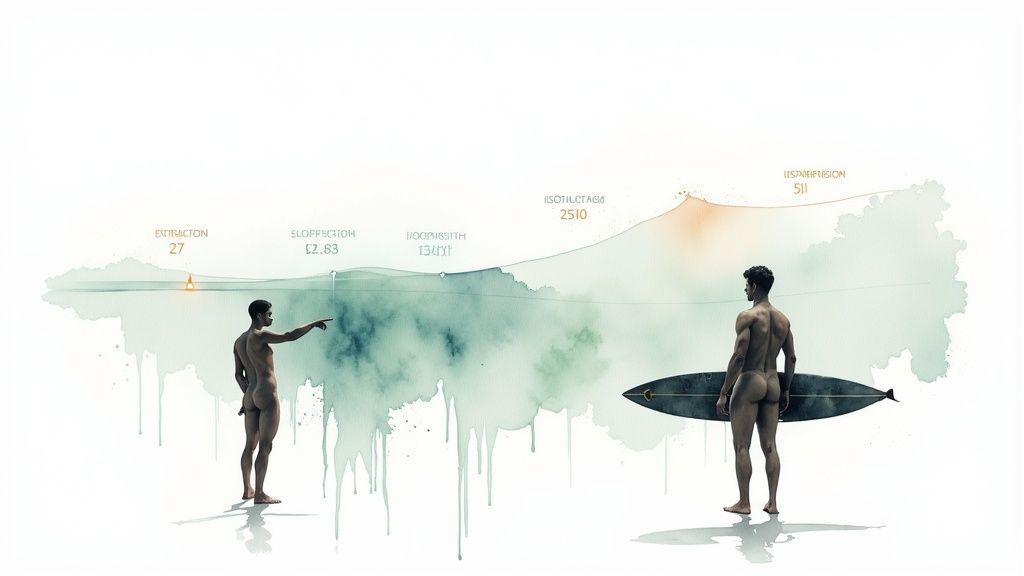 Artistic watercolor illustration of two surfers pointing at ocean waves and surf conditions