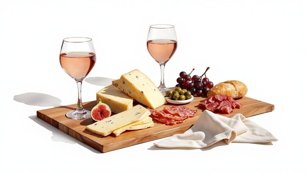 A wooden board features two glasses of rosé wine, various cheeses, sliced fig, grapes, green olives, cured meats, and bread.