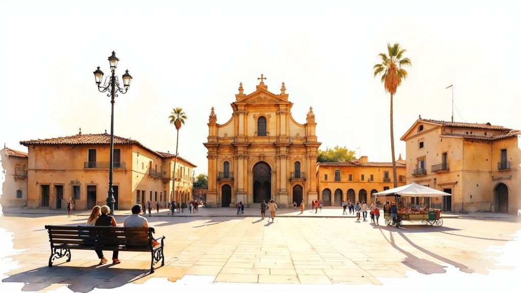 Historic baroque church and plaza with colonial buildings in Oaxaca, Mexico