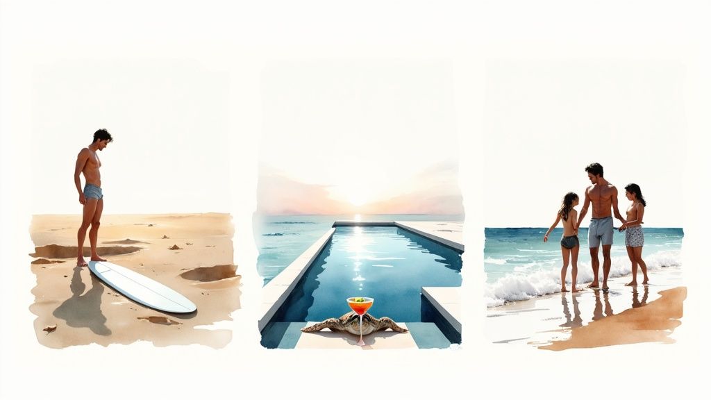 Three watercolor illustrations showing a man with a surfboard, an infinity pool at sunset, and a family at the beach.
