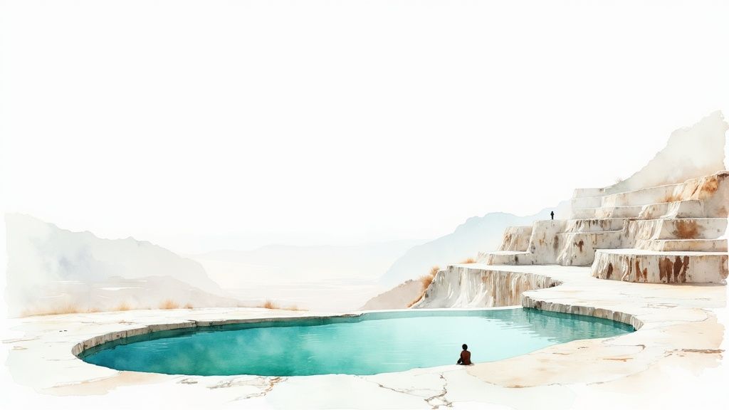 Person sitting by turquoise thermal pool at white travertine terraces in serene mountain landscape