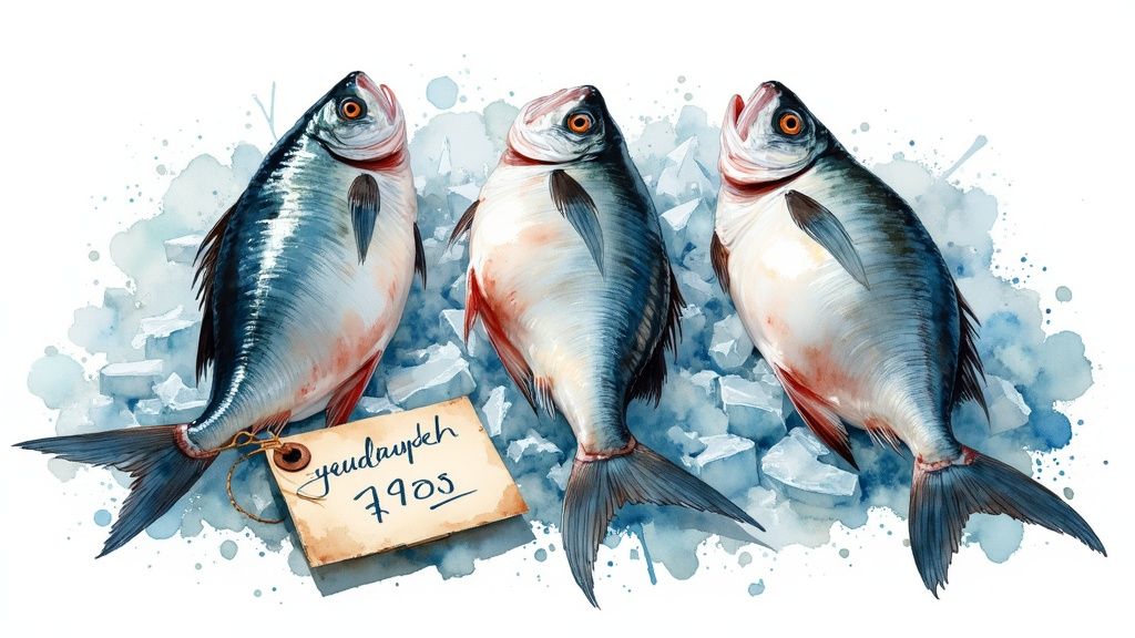 An array of freshly caught fish and seafood displayed on ice at the bustling Mariscos Bahia market.