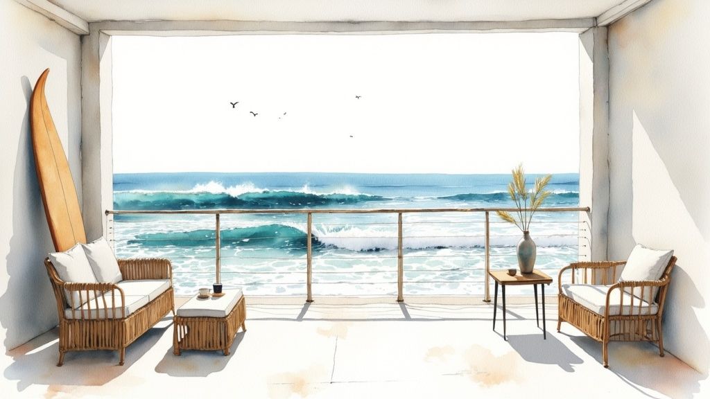 Modern beachfront balcony with rattan furniture overlooking turquoise ocean waves and surfboard decor