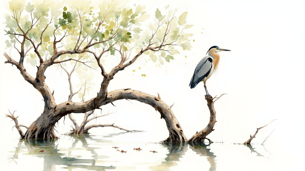 A minimalist watercolor painting depicts a heron perched on a branch in tranquil water beside a tree.