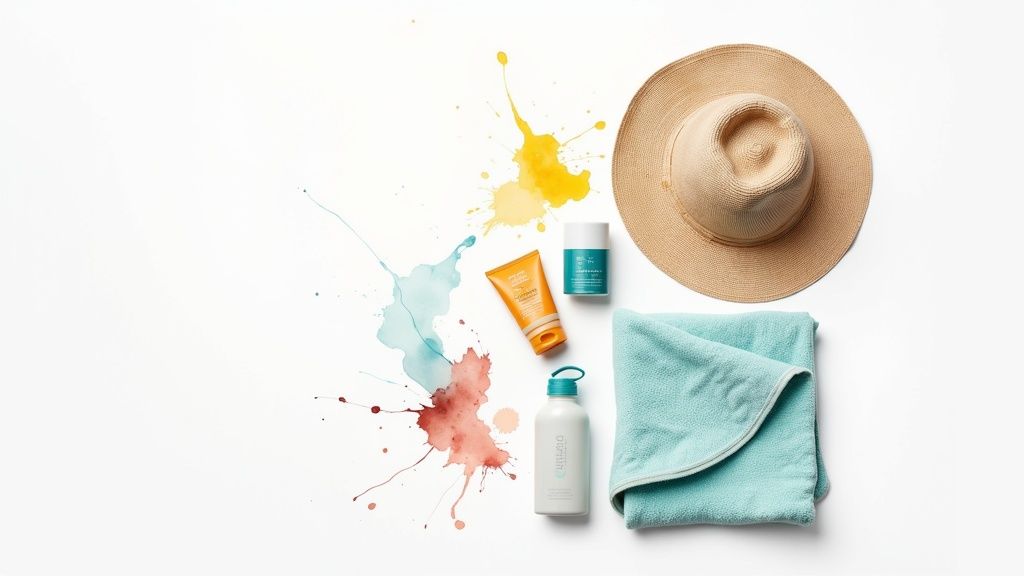 A flat lay of summer essentials including a straw hat, blue towel, sunscreens, and water bottle.