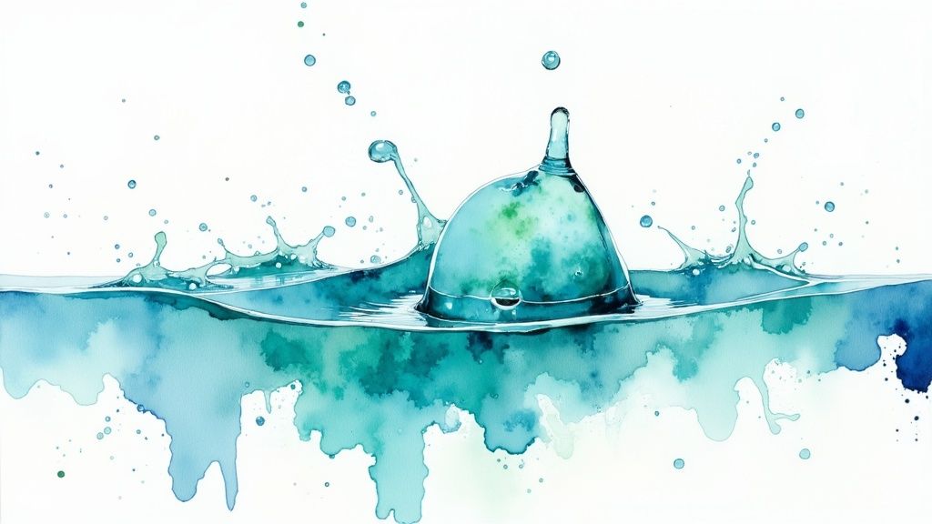 Artistic watercolor illustration of water droplet creating turquoise splash with ripples and spray