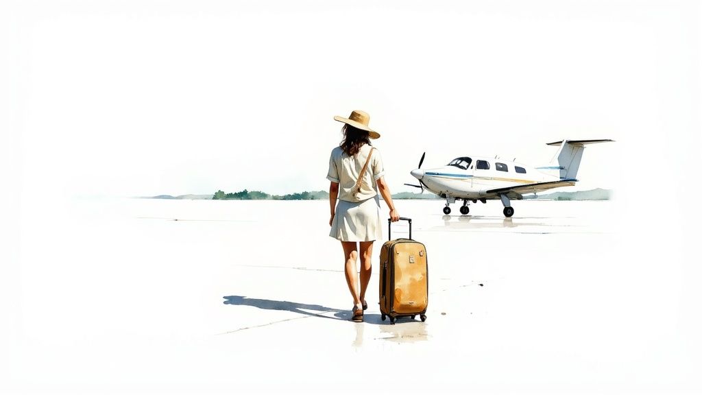 A woman in a hat and dress walks with her luggage towards a private plane.