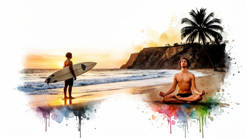 Two men on a beach at sunset, one with a surfboard, the other meditating, with vibrant watercolor effects.