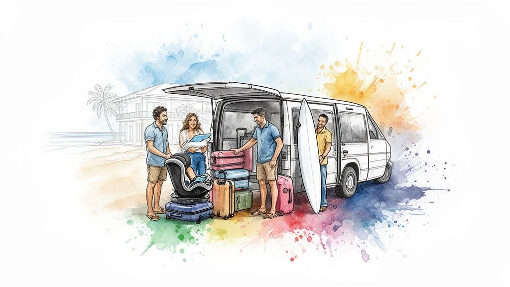 Four friends loading a white van with luggage, a child seat, and a surfboard at a tropical beach house.