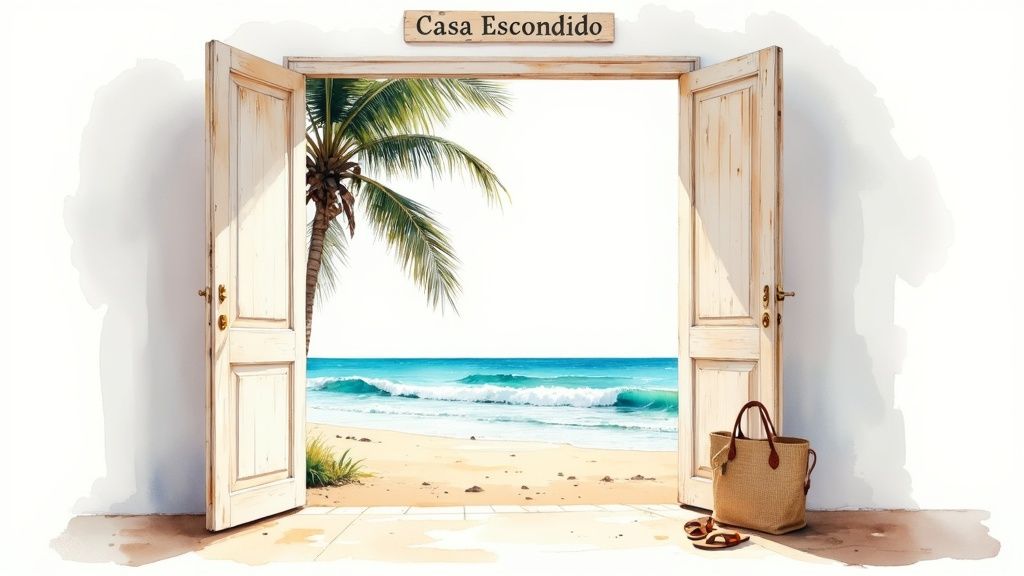 Open wooden doors lead to a tropical beach view with a palm tree, ocean waves, and sand. A 'Casa Escondido' sign hangs above, with a beach bag and sandals on the floor.