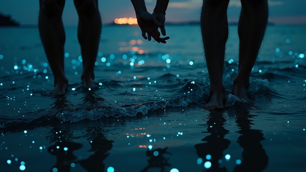 Couple holding hands while standing in glowing bioluminescent water at sunset beach