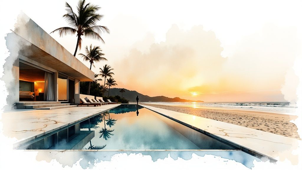 Modern beach villa with infinity pool, palm trees, and a person watching a beautiful sunset.