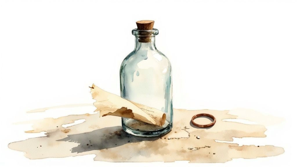 Watercolor painting of a message in a bottle, with a rolled scroll and a ring on sandy ground.