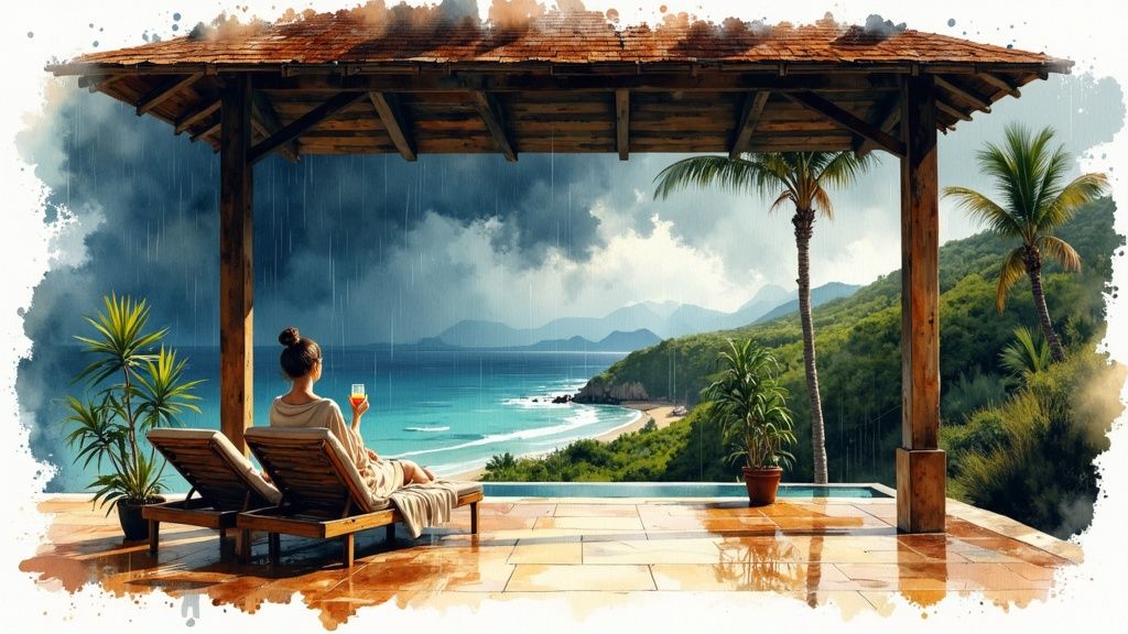 Woman relaxing on a covered patio with a drink, overlooking a rainy tropical beach.