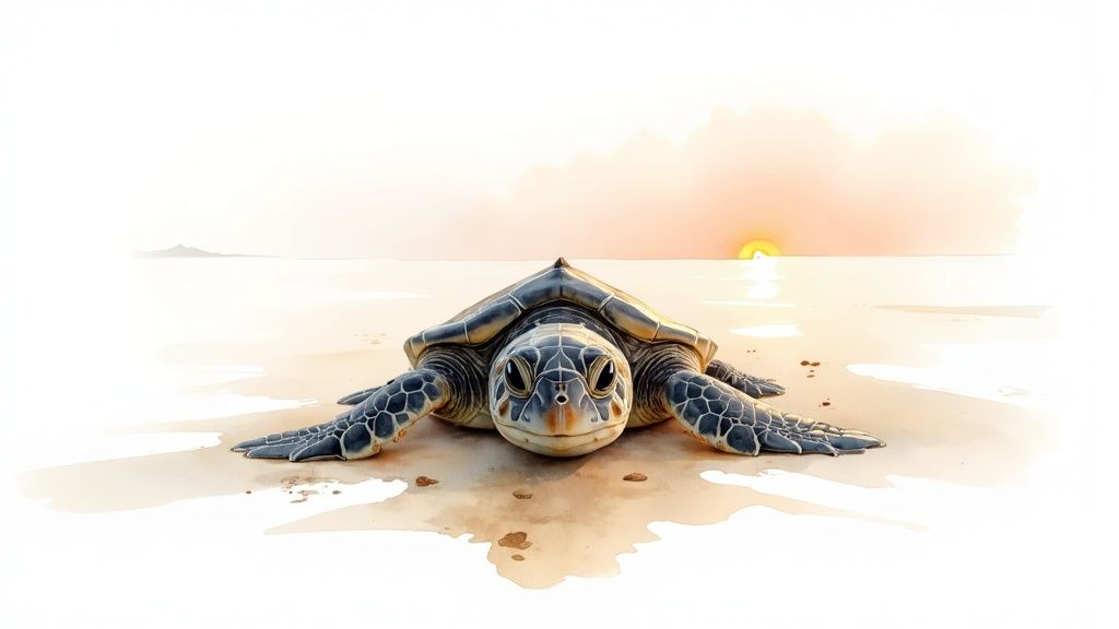 A person holding a tiny baby sea turtle on the sand at Playa Bacocho, preparing for the release.