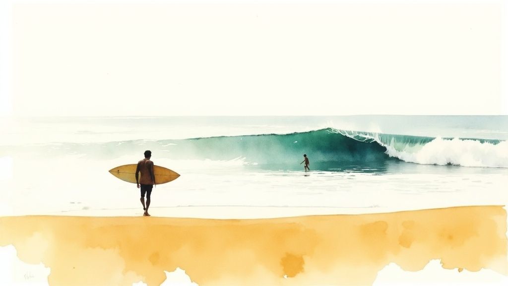 Minimalist watercolor art of a person carrying a surfboard walking on a beach towards the ocean.