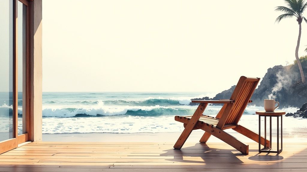 Relaxing view from a wooden deck overlooking ocean waves, with a lounge chair and steaming mug.