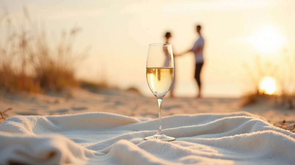 A champagne flute sits on a white blanket on a beach at sunset, with a blurred couple holding hands in the background.