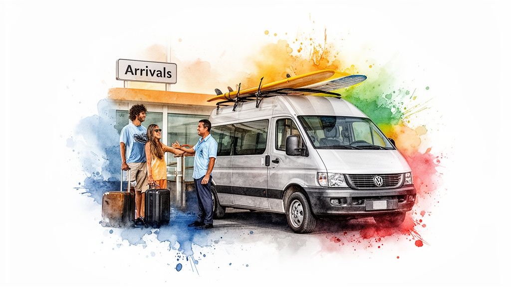 Travelers with surfboards and luggage greeted by shuttle driver at airport arrivals.